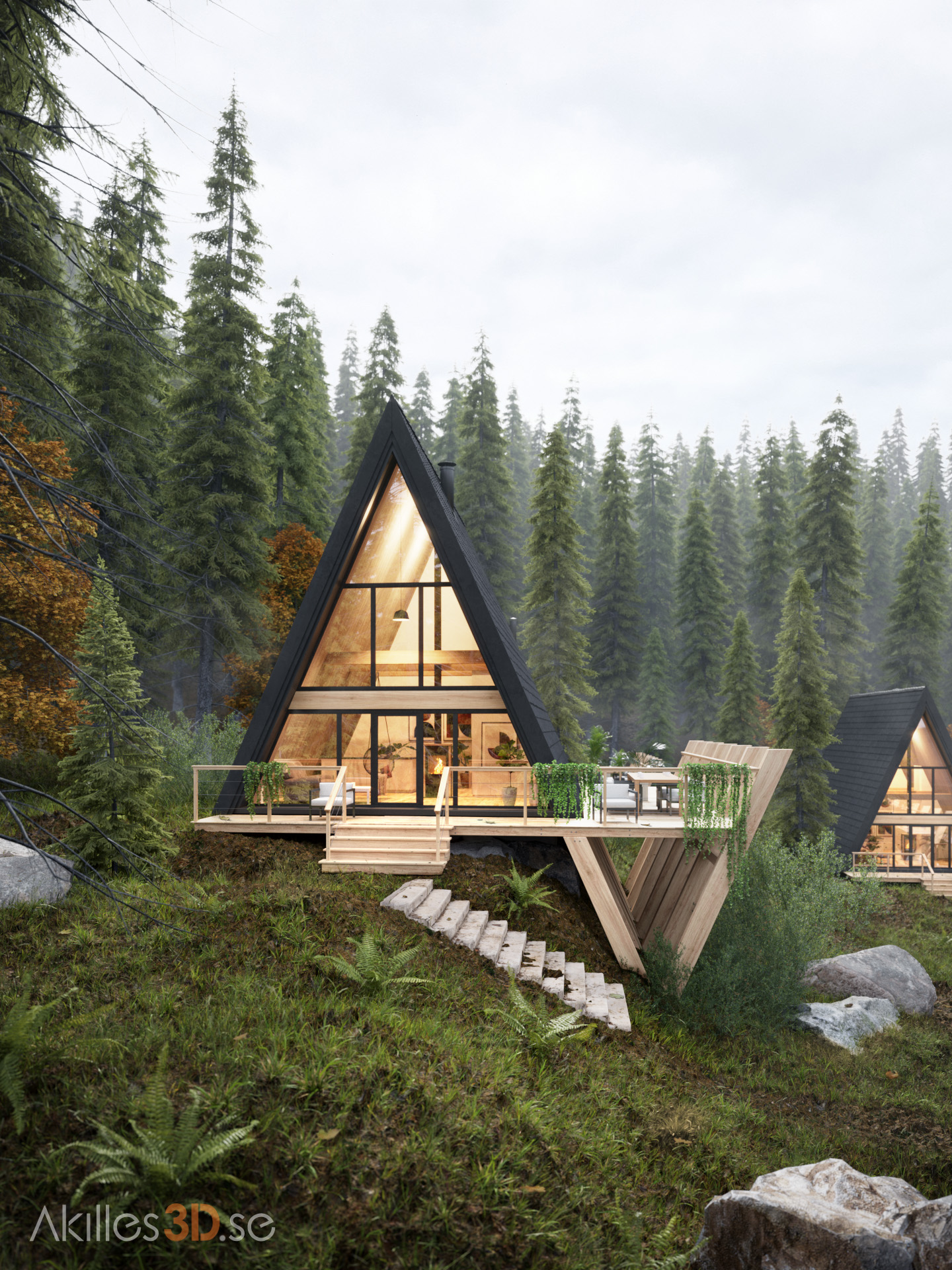 Cabins in the forest 2 - fog pines realistic 3D visualization exterior architecture CGI high-end top quality